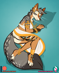 Size: 811x999 | Tagged: safe, artist:nicnak044, oc, canine, jackal, mammal, anthro, 2021, anklet, brown body, brown fur, clothes, digital art, ears, egyptian, eyes closed, female, fur, gray body, gray fur, gray hair, hair, jewelry, paws, sleeping, solo, solo female, tail