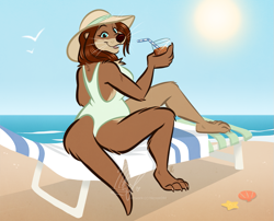 Size: 1083x874 | Tagged: safe, artist:nicnak044, oc, mammal, mustelid, otter, anthro, 2021, beach, blue eyes, brown body, brown fur, brown hair, clothes, digital art, drink, drinking straw, ears, female, fur, glass, hair, hat, headwear, ocean, one-piece swimsuit, outdoors, paws, sand, solo, solo female, summer, sun, sun hat, swimsuit, tail, water