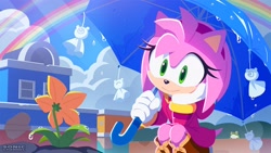 Size: 1200x675 | Tagged: safe, artist:uno yuuji, official art, amy rose (sonic), froggy (sonic), amphibian, frog, hedgehog, mammal, sega, sonic the hedgehog (series), 2021, clothes, cloud, eyelashes, female, flower, fur, gloves, gold bracelet, green body, green eyes, green fur, hair, hairband, hood, hoodie, light rays, outdoors, pink body, pink fur, plant, rainbow, sky, smiling, solo, solo female, squatting, topwear, umbrella