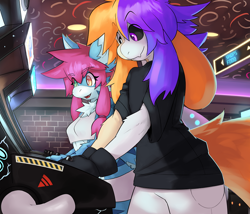 Size: 960x822 | Tagged: safe, artist:ozoneserpent, oc, oc only, bovid, canine, fox, goat, mammal, anthro, 2024, arcade, boogie, bottomwear, breasts, clothes, crop top, detailed background, digital art, drone, duo, duo female, ears, eyelashes, female, females only, fur, hair, shirt, shorts, tail, thighs, topwear, vixen, wide hips