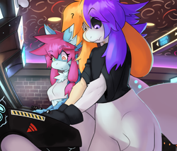 Size: 960x822 | Tagged: safe, alternate version, artist:ozoneserpent, oc, oc only, bovid, canine, fox, goat, mammal, anthro, 2024, arcade, boogie, breasts, clothes, crop top, detailed background, digital art, drone, duo, duo female, ears, eyelashes, female, females only, fur, hair, shirt, tail, thighs, topwear, transformation, vixen, wide hips