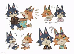 Size: 2048x1480 | Tagged: safe, artist:oni_atat, audie (animal crossing), wolfgang (animal crossing), canine, mammal, wolf, semi-anthro, animal crossing, animal crossing: new horizons, nintendo, 2d, bow, bow tie, clothes, coat, dress, drink, drinking straw, duo, eyes closed, female, glass, glasses on head, holding, holding object, japanese text, male, muumuu, on model, open mouth, open smile, paw pads, paws, question mark, simple background, sitting, smiling, sunglasses, sunglasses on head, text, topwear, translation request, white background