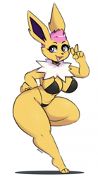 Size: 1432x2572 | Tagged: suggestive, artist:i_am_kat95, oc, oc only, eeveelution, fictional species, jolteon, mammal, anthro, digitigrade anthro, nintendo, pokémon, 2024, belly button, big breasts, breasts, cleavage, commission, digital art, ears, eyelashes, fluff, fur, hair, neck fluff, open mouth, sharp teeth, simple background, tail, teeth, thighs, tongue, white background, wide hips