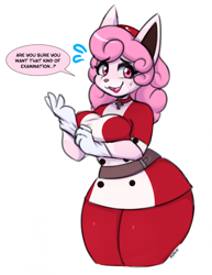 Size: 1685x2187 | Tagged: safe, artist:i_am_kat95, oc, oc only, fictional species, wigglytuff, anthro, digitigrade anthro, nintendo, pokémon, 2024, bottomwear, breasts, clothes, commission, dialogue, digital art, ears, eyelashes, fur, gloves, hair, nurse, open mouth, pants, shirt, simple background, speech bubble, tail, talking, talking to viewer, text, thighs, tongue, topwear, white background, wide hips