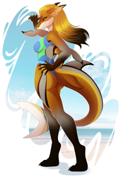 Size: 1587x2321 | Tagged: safe, artist:xchaiteakittenx, oc, oc only, fish, shark, anthro, digitigrade anthro, 2024, breasts, clothes, commission, digital art, ears, eyelashes, female, fins, fish tail, hair, hand on hip, looking at you, one-piece swimsuit, pose, scales, shark tail, simple background, solo, solo female, swimsuit, tail, thighs, wide hips