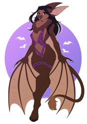 Size: 1606x2294 | Tagged: suggestive, artist:xchaiteakittenx, oc, oc only, bat, mammal, anthro, digitigrade anthro, 2024, bat wings, bra, breasts, clothes, commission, digital art, ears, eyelashes, female, fur, hair, lingerie, looking at you, panties, simple background, solo, solo female, tail, thighs, underwear, webbed wings, wide hips, winged arms, wings