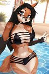 Size: 1000x1500 | Tagged: safe, artist:millkydad, oc, oc only, canine, fox, mammal, anthro, 2024, belly button, big breasts, bikini, breasts, clothes, commission, detailed background, digital art, ears, eyelashes, female, fur, glasses, hair, partially submerged, pose, solo, solo female, swimming pool, swimsuit, tail, thighs, vixen, wide hips, ych result