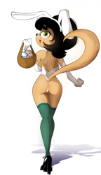 Size: 1457x2530 | Tagged: suggestive, artist:tobitobi90, kitty katswell (t.u.f.f. puppy), cat, feline, mammal, anthro, nickelodeon, t.u.f.f. puppy, 2024, basket, breasts, bunny ears, bunny suit, clothes, container, digital art, ears, easter, easter basket, easter egg, egg, eyelashes, female, fur, hair, high heels, holiday, legwear, leotard, looking at you, looking back, looking back at you, rear view, rearboob, shoes, simple background, solo, solo female, stockings, tail, thighs, white background, wide hips