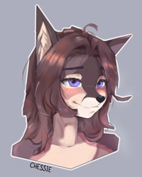 Size: 639x800 | Tagged: safe, artist:welive, oc, oc only, canine, mammal, wolf, anthro, 2024, bedroom eyes, black nose, bust, commission, digital art, female, fur, looking at you, portrait, simple background, solo, solo female
