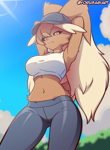 Size: 1200x1640 | Tagged: safe, artist:yorusagi, fictional species, lopunny, mammal, anthro, nintendo, pokémon, 2024, armpits, arms behind head, belly button, big breasts, black sclera, breasts, clothes, colored sclera, crop top, detailed background, digital art, ears, eyelashes, female, fur, hair, jeans, pants, pose, solo, solo female, sports bra, tail, thighs, topwear, wide hips