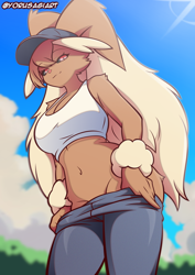 Size: 1200x1693 | Tagged: suggestive, artist:yorusagi, fictional species, lopunny, mammal, anthro, nintendo, pokémon, 2024, belly button, black sclera, breasts, clothes, colored sclera, crop top, detailed background, digital art, ears, eyelashes, female, fur, hair, jeans, pants, pants pulled down, pose, solo, solo female, sports bra, tail, thighs, topwear, wide hips