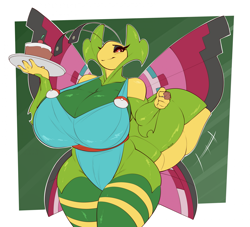 Size: 2013x1830 | Tagged: safe, artist:gin-blade, oc, oc only, fictional species, leavanny, anthro, nintendo, pokémon, 2024, breasts, cake, cleavage, clothes, commission, digital art, ears, eyelashes, female, food, hair, huge breasts, one-piece swimsuit, scales, simple background, solo, solo female, swimsuit, tail, thighs, wide hips, wings