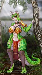 Size: 1080x1920 | Tagged: safe, artist:amber_wind, oc, oc only, lizard, reptile, anthro, digitigrade anthro, 2024, belly button, bikini, bikini top, breasts, clothes, commission, detailed background, digital art, ears, eyelashes, female, legwear, loincloth, plant, scales, solo, solo female, stockings, swimsuit, tail, thighs, tree, wide hips