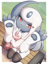 Size: 3101x4096 | Tagged: safe, artist:zinfyu, absol, fictional species, mammal, semi-anthro, nintendo, pokémon, 2024, clothes, coffee, coffee cup, detailed background, digital art, drink, drinking, ears, eyelashes, female, fluff, fur, hair, hands-free, horn, legwear, meme, neck fluff, solo, solo female, stockings, tail, thighs