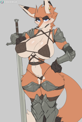 Size: 1568x2350 | Tagged: suggestive, artist:cooliehigh, oc, oc only, oc:ginger (cooliehigh), canine, fox, mammal, anthro, 2024, belly button, belt, bikini, black nose, blushing, boots, breasts, cheek fluff, cleavage, clothes, digital art, ears, eyelashes, female, fluff, footwear, fur, hair, huge breasts, looking at you, micro bikini, shoes, solo, solo female, swimsuit, sword, tail, thighs, unamused, unconvincing armor, vixen, weapon, wide hips