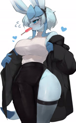 Size: 1412x2277 | Tagged: safe, artist:yoru_vida, eeveelution, fictional species, glaceon, mammal, anthro, nintendo, pokémon, 2024, big breasts, bottomwear, breasts, clothes, coat, digital art, ears, eyelashes, female, food, fur, hair, popsicle, shirt, simple background, skirt, solo, solo female, tail, thighs, topwear, undressing, white background, wide hips