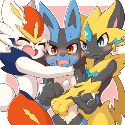 Size: 1500x1500 | Tagged: safe, artist:acky05_wolf, cinderace, fictional species, legendary pokémon, lucario, mammal, mythical pokémon, zeraora, anthro, nintendo, pokémon, 2021, ambiguous gender, ambiguous only, breasts, cuddling, digital art, ears, eyelashes, fur, group, hair, hug, looking at you, open mouth, starter pokémon, tail, thighs, tongue, trio, trio ambiguous, wide hips