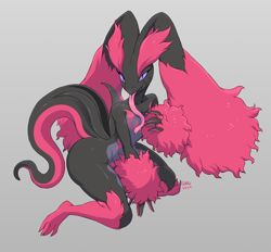 Size: 3508x3256 | Tagged: safe, artist:lopunana, fictional species, hybrid, lopunny, mammal, salazzle, anthro, digitigrade anthro, nintendo, pokémon, 2023, digital art, ear fluff, ears, eyelashes, female, fluff, fur, hair, kneeling, looking at you, simple background, solo, solo female, tail, thighs, tongue, tongue out, wide hips
