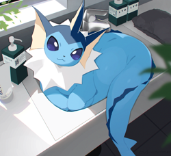 Size: 840x767 | Tagged: safe, artist:cco00oo, eeveelution, fictional species, mammal, vaporeon, feral, nintendo, pokémon, 2024, 2d, :3, ambiguous gender, bathroom, behaving like a cat, big tail, blue eyes, blue tail, casual nudity, chromatic aberration, clever artist name placement, closed mouth, closed smile, complete nudity, cute, depth of field, detailed background, digital art, fins, fish tail, happy, high angle, if i fits i sits, indoors, light blue body, loafing, long tail, looking at you, looking up, looking up at you, lying down, multicolored body, multicolored head, nudity, plant, prone, signature, sink, sitting, smiling, solo, solo ambiguous, tail, tail fin, thighs