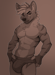 Size: 1646x2239 | Tagged: suggestive, artist:azoomer, hyena, mammal, anthro, 2024, bedroom eyes, bulge, clothes, digital art, ears, fur, hair, looking at you, male, monochrome, partial nudity, sepia, simple background, solo, solo male, topless, underwear
