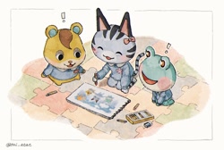 Size: 2048x1380 | Tagged: safe, artist:oni_atat, hamlet (animal crossing), lily (animal crossing), lolly (animal crossing), amphibian, cat, feline, frog, hamster, mammal, rodent, semi-anthro, animal crossing, nintendo, 2d, blushing, bow, clothes, crayon, drawing, exclamation point, eyes closed, female, group, hair bow, kneeling, male, on model, open mouth, open smile, signature, sitting, smiling, sweater, topwear, trio