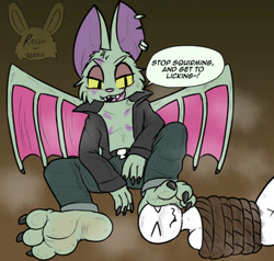 Size: 421x400 | Tagged: suggestive, artist:rabbitwarrior, hybrid, ambiguous gender, anon, catbat (crash bandicoot), ear piercing, feet, fetish, foot fetish, foot focus, foot on face, foot slave, foot worship, humiliation, low res, musk, nonconsensual, piercing, rope, smelling, smelly feet, smothering, sole, sweaty feet, text, tied up, toes, underfoot