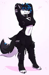 Size: 2631x4000 | Tagged: safe, artist:goop_original, canine, mammal, wolf, anthro, 2024, black nose, clothes, crop top, male, slim male, solo, solo male, techwear, topwear