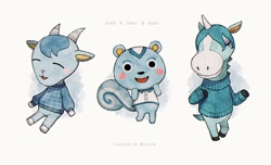 Size: 2048x1244 | Tagged: safe, artist:oni_atat, filbert (animal crossing), julian (animal crossing), sherb (animal crossing), bovid, caprine, equine, fictional species, goat, mammal, rodent, squirrel, unicorn, semi-anthro, animal crossing, animal crossing: new horizons, nintendo, 2d, clothes, eyes closed, group, male, males only, on model, open mouth, open smile, signature, smiling, stallion, sweater, topwear, trio, trio male, ungulate