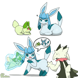 Size: 960x960 | Tagged: safe, artist:tontaro, eeveelution, fictional species, glaceon, mammal, meowscarada, sprigatito, feral, nintendo, pokémon, spoiler:pokémon gen 9, spoiler:pokémon scarlet and violet, 2024, 2d, 2d animation, ambiguous gender, ambiguous only, animated, back fluff, back marking, behaving like a cat, biting, blue body, blue ears, blue fur, blue inner ear, blue tail, blushing, body markings, butt, butt fluff, butt shake, casual nudity, cheek fluff, chest fluff, claws, closed mouth, colored pupils, complete nudity, cute, digital art, dipstick tail, ear twitch, ears, emanata, eyes on the prize, face down ass up, fluff, frozen, frozen solid, fur, gif, green body, green ears, green fur, green tail, group, happy, ice, jumping, light blue body, loafing, long ears, long tail, looking at each other, lying down, mask, multicolored body, multicolored fur, neck fluff, no pupils, nudity, open mouth, paws, picture-in-picture, pointy ears, prone, question mark, raised leg, raised tail, rear view, shocked, shocked expression, short tail, shoulder fluff, side view, signature, simple background, socks (leg marking), speech bubble, starter pokémon, sweat, sweatdrop, tail, tail fluff, tail wag, teal eyes, teal fur, thighs, this will end in pain, this will not end well, three fingers, tongue, trio, trio ambiguous, two toned body, two toned fur, uh-oh, white background, white pupils