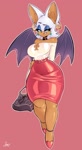 Size: 1124x2048 | Tagged: safe, artist:jamoart, rouge the bat (sonic), bat, mammal, anthro, sega, sonic the hedgehog (series), arms behind back, bare shoulders, big breasts, biting, bottomwear, breasts, choker, cleavage, clothes, ear piercing, earring, eyeshadow, female, handbag, high heels, lidded eyes, lip biting, looking at you, makeup, piercing, shirt, shoes, skirt, smiling, smiling at you, solo, solo female, topwear