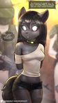 Size: 726x1280 | Tagged: safe, artist:whisperfoot, scp-1471-a (scp), oc, oc only, oc:sami (whisperfoot), canine, human, mammal, anthro, scp, 2024, arms behind back, assault rifle, background character, black sclera, bottomwear, brown eyes, clothes, collar, colored sclera, dialogue, female, gun, midriff, restrained arms, rifle, short shorts, shorts, tactical gear, talking, topwear, weapon