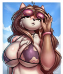 Size: 1770x2082 | Tagged: safe, artist:lightly-san, oc, oc only, mammal, mustelid, otter, anthro, 2024, absolute cleavage, big breasts, bikini, bikini top, breasts, cleavage, clothes, female, glasses, lidded eyes, looking at you, solo, solo female, sunglasses, swimsuit, wristband