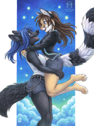 Size: 894x1200 | Tagged: safe, artist:kacey, oc, oc:ace, oc:kristania, canine, jackal, mammal, procyonid, raccoon, ring-tailed cat, wolf, anthro, 2024, belt, black body, black fur, blue hair, bottomwear, breasts, brown hair, carrying, carrying another, clothes, duo, duo female, ears, female, females only, fur, hair, hoodie, hug, looking at each other, midriff, open mouth, open smile, paws, purple eyes, ring, shirt, short shorts, shorts, side view, smiling, tail, tan body, tan fur, tank top, topwear, traditional art