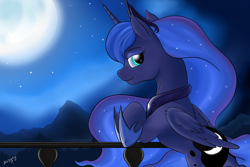 Size: 3000x2000 | Tagged: safe, artist:nobody47, princess luna (mlp), alicorn, equine, fictional species, mammal, pony, feral, friendship is magic, hasbro, my little pony, 2014, balcony, cute, ethereal mane, ethereal tail, feathered wings, feathers, female, folded wings, g4, high res, looking at you, mare, moon, night, peytral, smiling, solo, solo female, stars, wing fluff, wings