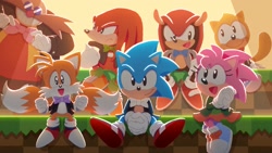 Size: 2418x1360 | Tagged: safe, artist:uno yuuji, official art, amy rose (sonic), classic amy, classic knuckles, classic sonic, classic tails, doctor eggman (sonic), knuckles the echidna (sonic), mighty the armadillo (sonic), miles "tails" prower (sonic), ray the flying squirrel (sonic), sonic the hedgehog (sonic), armadillo, canine, echidna, flying squirrel, fox, hedgehog, human, mammal, monotreme, rodent, squirrel, anthro, sega, sonic the hedgehog (series), 2021, adjusting bow, anniversary, black body, black eyes, black fur, blue body, blue fur, bow, bow tie, classic mighty, classic ray, clothes, eyelashes, facial hair, footwear, full body, fur, hair, hairband, looking at each other, looking at you, multiple tails, mustache, open mouth, open smile, own hands together, pink body, pink fur, red body, red fur, shoes, smiling, sneakers, tail, two tails, yellow body, yellow fur