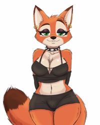 Size: 2000x2500 | Tagged: safe, artist:saikyoart, nick wilde (zootopia), canine, fox, mammal, red fox, anthro, disney, zootopia, bedroom eyes, belly button, big breasts, bottomwear, breasts, clothes, collar, crop top, digital art, ears, eyelashes, female, fur, looking at you, rule 63, shorts, simple background, solo, solo female, spiked collar, tail, thighs, topwear, vixen, white background, wide hips