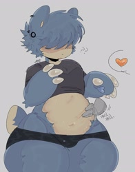 Size: 2094x2672 | Tagged: suggestive, artist:v4mp1333, fictional species, mammal, snorlax, anthro, nintendo, pokémon, 2023, belly button, bottomwear, clothes, crop top, crossdressing, crotch bulge, digital art, ears, femboy, fur, hair, hair over eyes, looking at you, male, shorts, slightly chubby, solo, solo male, tail, thick thighs, thighs, topwear