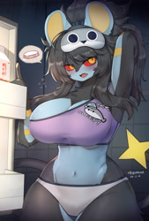 Size: 2160x3200 | Tagged: safe, artist:mbct01, fictional species, luxray, mammal, anthro, nintendo, pokémon, 2024, armpits, arms behind head, belly button, big breasts, breasts, clothes, colored sclera, crop top, detailed background, digital art, ears, eyelashes, female, fur, hair, looking at you, panties, red sclera, solo, solo female, tail, thighs, topwear, underwear, wide hips