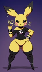 Size: 1768x3000 | Tagged: safe, artist:crovirus, fictional species, mammal, pichu, anthro, nintendo, pokémon, 2024, bedroom eyes, belly button, boots, breasts, butt, clothes, detailed background, digital art, ears, eyelashes, female, fur, goth, hair, hand on hip, high heel boots, high heels, looking at you, panties, shirt, shoes, solo, solo female, tail, thighs, topwear, underass, underwear, wide hips