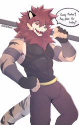 Size: 2599x4096 | Tagged: safe, artist:rozokami, big cat, feline, lion, mammal, anthro, athletic, athletic anthro, athletic male, clothes, male, solo, solo male, tank top, topwear