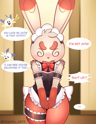 Size: 1853x2383 | Tagged: suggestive, artist:ineedanaccount, fictional species, spinda, anthro, nintendo, pokémon, 2022, clothes, covering crotch, crossdressing, detailed background, digital art, ears, embarrassed, femboy, fur, legwear, maid, maid outfit, male, solo, solo male, stockings, tail, thighs