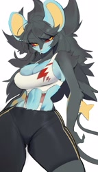 Size: 2000x3500 | Tagged: safe, artist:yuio, fictional species, luxray, mammal, anthro, nintendo, pokémon, 2023, belly button, bottomwear, breasts, clothes, colored sclera, digital art, ears, eyelashes, female, fur, hair, looking at you, red sclera, shorts, simple background, solo, solo female, sports bra, sports shorts, tail, thighs, topwear, white background, wide hips