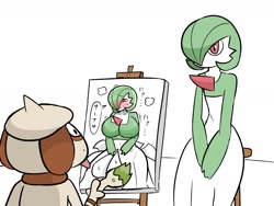 Size: 1600x1200 | Tagged: suggestive, artist:nakineiriko, fictional species, gardevoir, smeargle, anthro, nintendo, pokémon, 2024, ambiguous gender, ambiguous only, bottomwear, breasts, clothes, digital art, dress, duo, duo ambiguous, ears, eyelashes, female, fur, hair, hair over one eye, huge breasts, simple background, solo, solo female, tail, thighs, wide hips