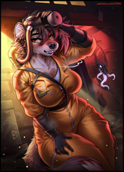 Size: 1152x1600 | Tagged: safe, artist:f-r95, oc, oc only, alien, fictional species, hyena, mammal, anthro, 2024, breasts, clothes, commission, detailed background, digital art, ears, eyelashes, female, fur, gas mask, hair, horns, looking at you, open mouth, scales, sharp teeth, solo, solo female, spaceship, suit, tail, teeth, thighs, tongue, tongue out, vehicle, wide hips