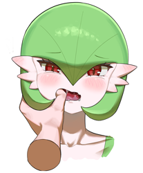 Size: 1635x1975 | Tagged: suggestive, artist:yawar, fictional species, gardevoir, human, mammal, anthro, nintendo, pokémon, 2022, digital art, duo, duo male and female, ears, eyelashes, faceless male, female, female focus, grope, hair, human/anthro, interspecies, looking at you, male, male/female, offscreen character, open mouth, saliva, simple background, solo focus, tongue, white background