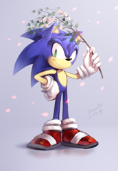 Size: 900x1309 | Tagged: safe, artist:bloomth, sonic the hedgehog (sonic), hedgehog, mammal, sega, sonic the hedgehog (series), 2014, blue body, blue fur, clothes, footwear, full body, fur, gloves, green eyes, male, quills, shoes, simple background, smiling, solo, solo male