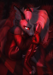 Size: 1382x1954 | Tagged: safe, artist:dantibana, loona (vivzmind), canine, fictional species, hellhound, mammal, anthro, hazbin hotel, helluva boss, clothes, colored sclera, crying, female, fetal position, indoors, looking at you, pants, red sclera, ripped pants, shirt, sitting, solo, solo female, tally marks, tears, topwear
