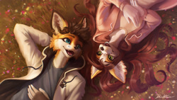 Size: 1920x1080 | Tagged: safe, artist:dantibana, canine, fox, mammal, anthro, 2024, arm behind head, brown hair, clothes, duo, duo male and female, ears, female, flower, fur, green eyes, hair, hoodie, lying down, male, on back, open mouth, orange body, orange fur, outdoors, plant, shirt, signature, smiling, talking, teal eyes, topwear
