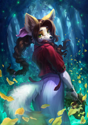 Size: 1357x1920 | Tagged: safe, artist:dantibana, oc, canine, mammal, anthro, final fantasy, final fantasy vii, square enix, 2024, aerith gainsborough (final fantasy), basket, bottomwear, bow, bracelet, braided ponytail, clothes, container, dress, female, flower, hair bow, jacket, jewelry, looking at you, looking back, looking back at you, outdoors, plant, solo, solo female, topwear