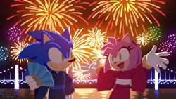 Size: 1920x1080 | Tagged: safe, artist:uno yuuji, official art, amy rose (sonic), sonic the hedgehog (sonic), hedgehog, mammal, sega, sonic the hedgehog (series), 2023, blue body, blue fur, bridge, clothes, duo, duo male and female, female, fireworks, fur, gloves, gold bracelet, green eyes, hair, hairband, hand fan, kimono (clothing), looking at each other, male, night, night sky, ocean, open mouth, open smile, outdoors, outstretched arms, pink body, pink fur, sky, smiling, water